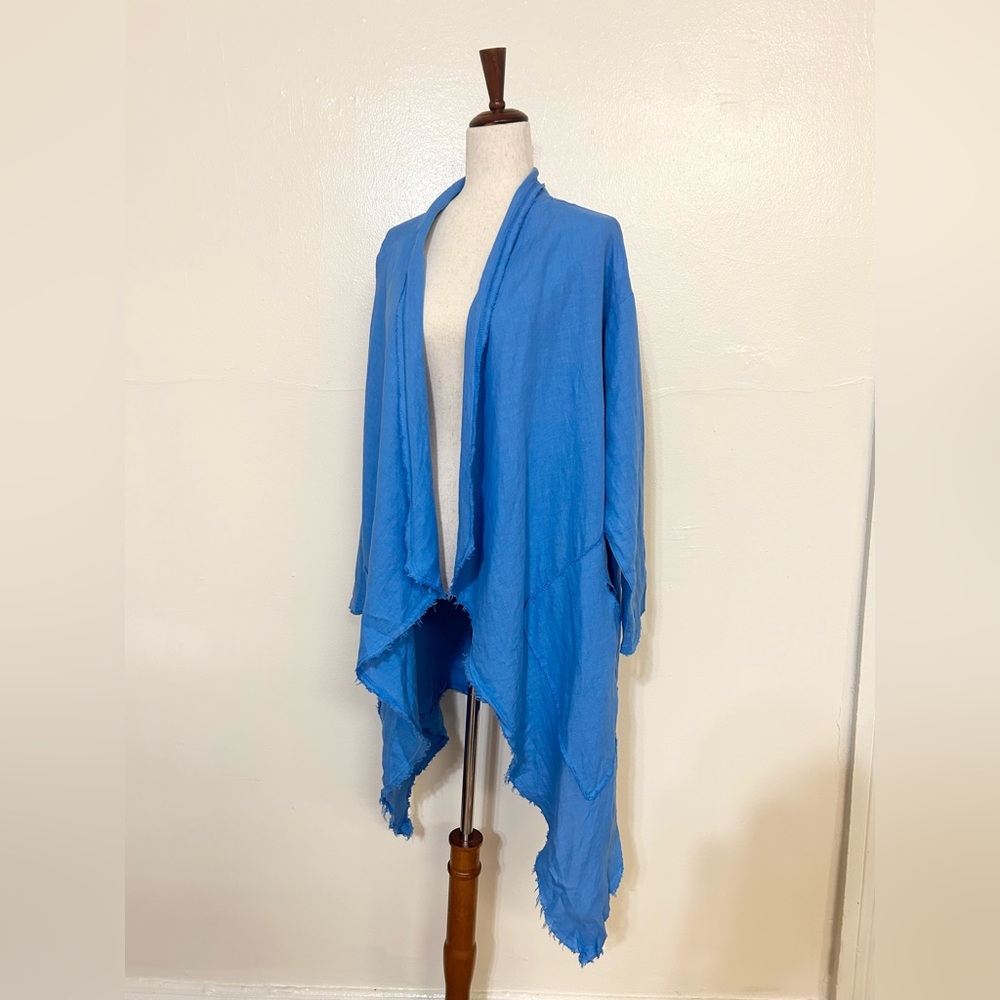 Verandah by Vina Blue Linen Long Sleeve Open Cardigan
